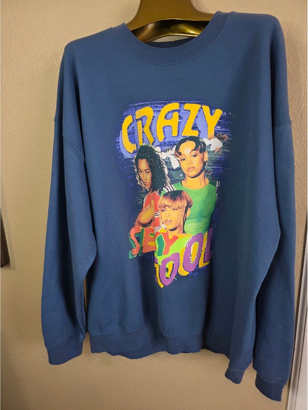 TLC Band Sweatshirt Size XL Oversized Blue CrazySexyCool R&B Graphic Crewneck